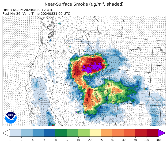 By late Friday, the HRRR smoke model shows smoke moving into parts of Southwest Montana from fires burning across Central Idaho.